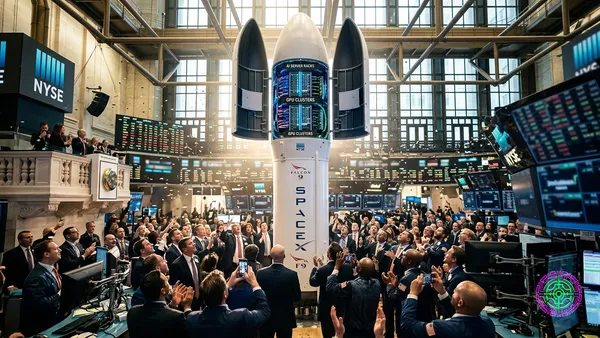 A SpaceX-style rocket on a stock exchange floor with its payload fairing open, revealing glowing AI server racks inside