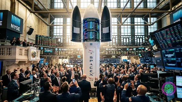 A SpaceX-style rocket on a stock exchange floor with its payload fairing open, revealing glowing AI server racks inside