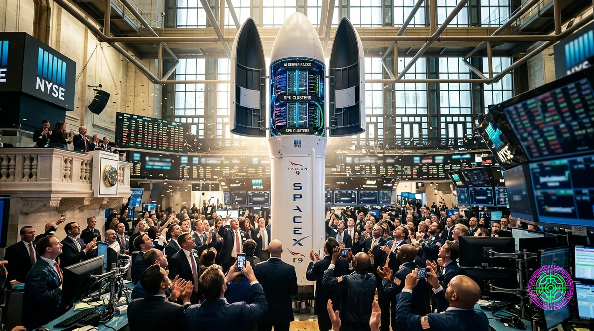 A SpaceX-style rocket on a stock exchange floor with its payload fairing open, revealing glowing AI server racks inside