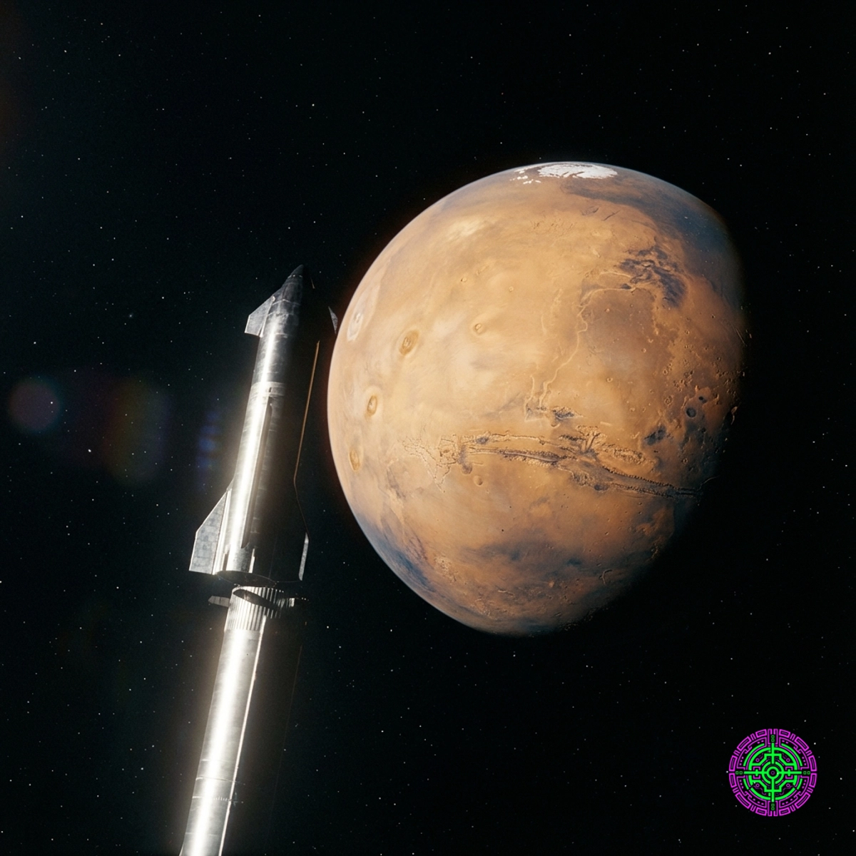 SpaceX Starship approaching Mars, symbolizing the ultimate goal of the IPO funding