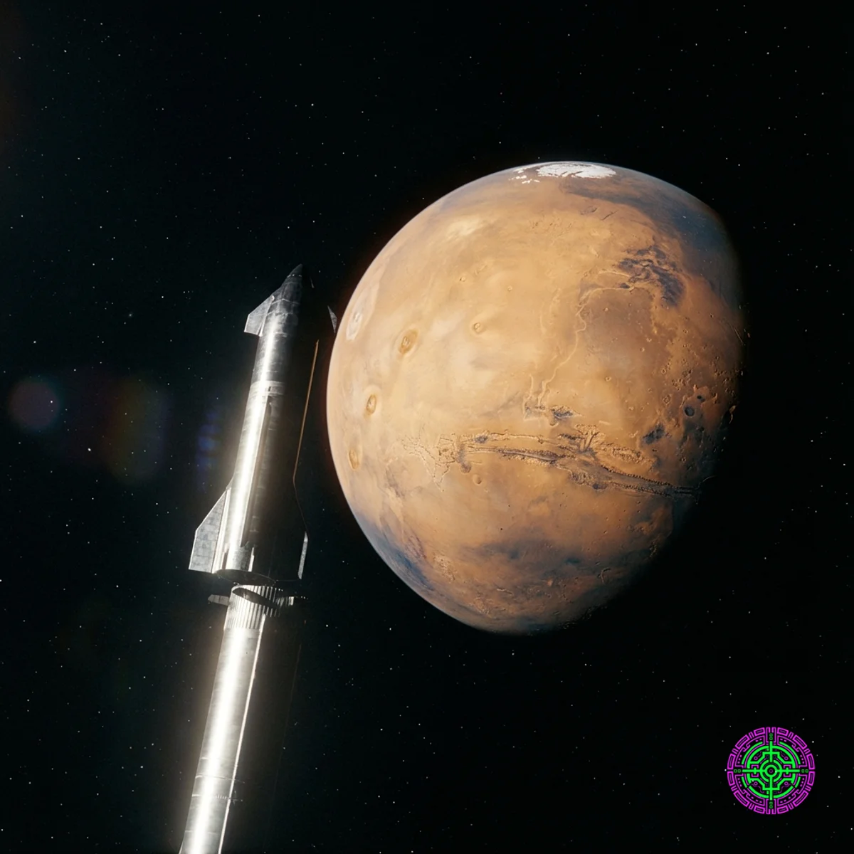 Le vaisseau spatial Starship de SpaceX s'approchant de Mars, symbolisant l'objectif ultime du financement de l'introduction en bourse