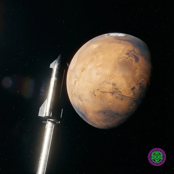 SpaceX Starship approaching Mars, symbolizing the ultimate goal of the IPO funding