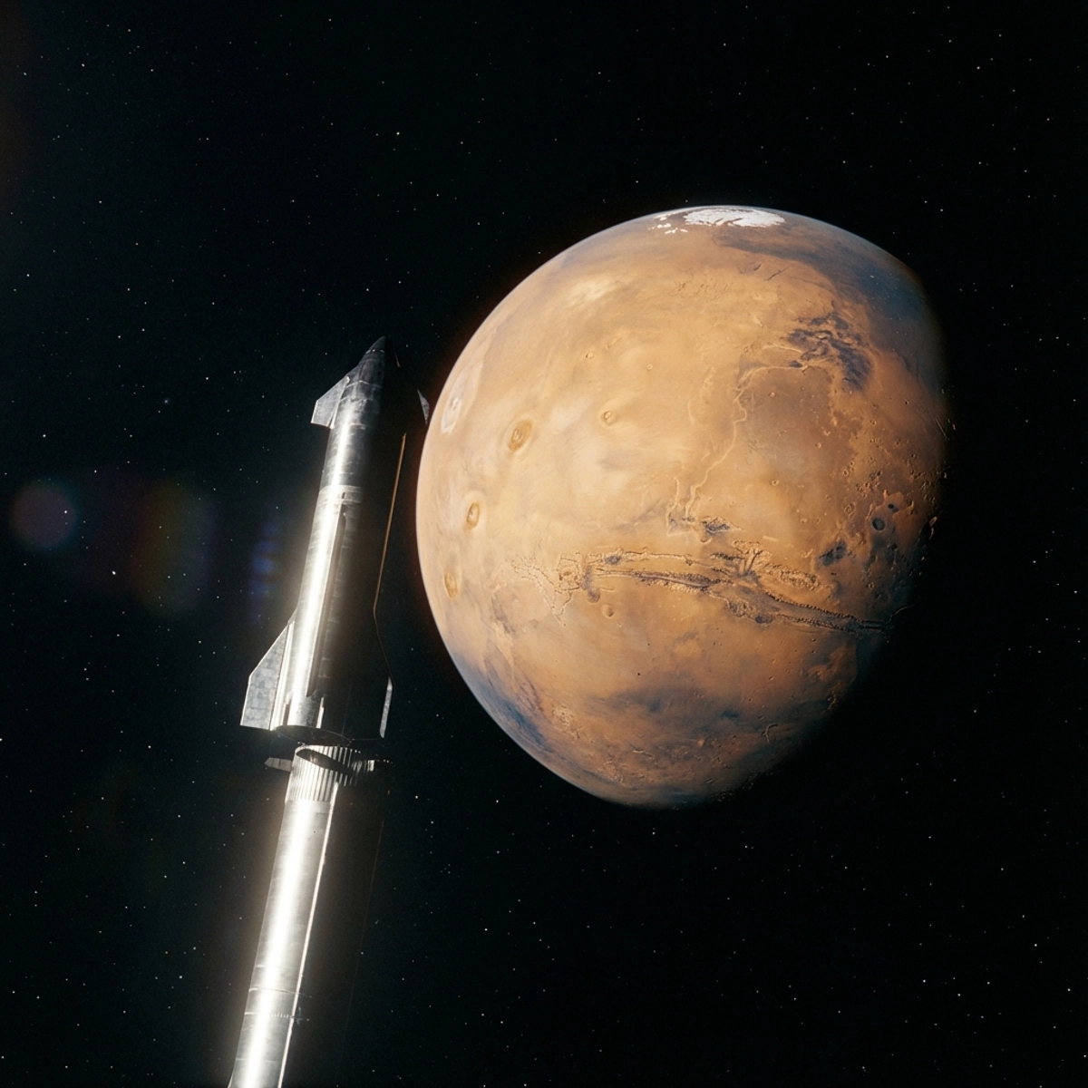 SpaceX Starship approaching Mars, symbolizing the ultimate goal of the IPO funding