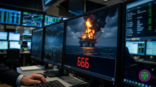 Cinematic visualization of a burning oil rig reflected in the dark glass of a Wall Street algorithmic trading terminal showing the number 666