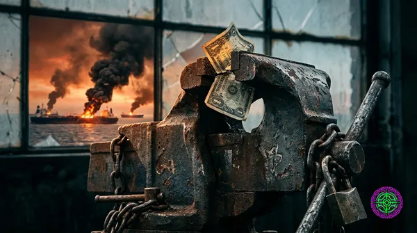 Industrial steel vise crushing a US dollar bill with burning oil tankers visible through a shattered window behind it