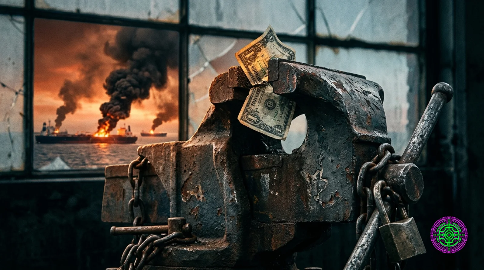 Industrial steel vise crushing a US dollar bill with burning oil tankers visible through a shattered window behind it