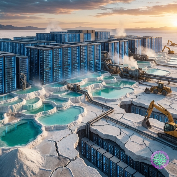 A sleek, futuristic data center battery array glowing with energy, contrasted with a shadowy lithium mine.