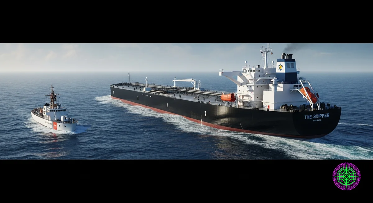 The 'Skipper' oil tanker with black hull and white superstructure being intercepted at sea