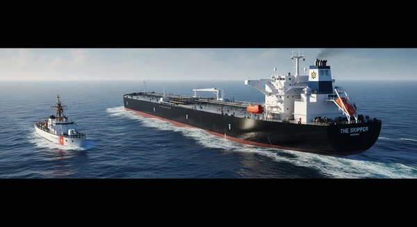 The 'Skipper' oil tanker with black hull and white superstructure being intercepted at sea