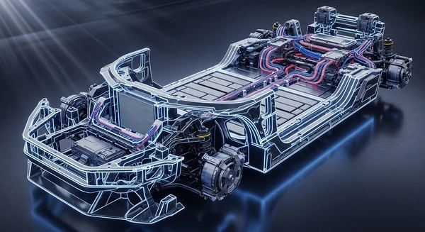 A futuristic electric vehicle chassis cutaway revealing that the darker carbon fiber structure is glowing with stored energy.