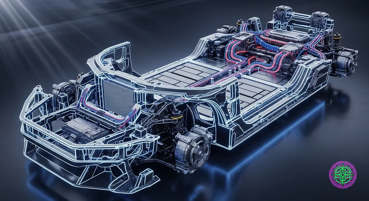Ein futuristisches Elektrofahrzeug-Chassis im Schnitt, das zeigt, dass die dunklere Kohlefaserstruktur mit gespeicherter Energie leuchtet.