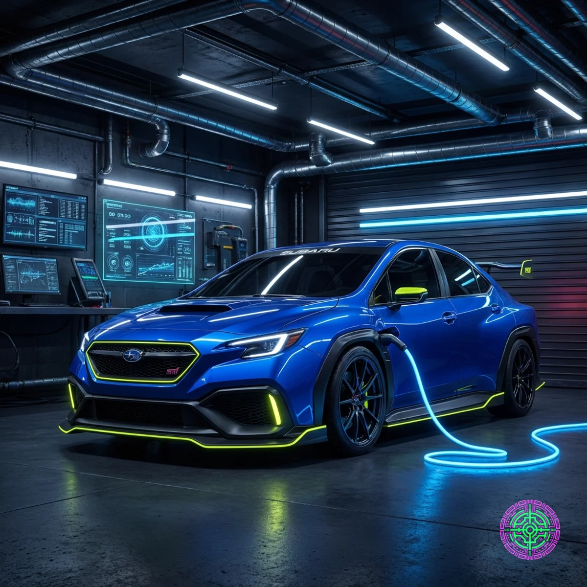Futuristisches elektrisches Subaru STI-Konzept in einer Hightech-Garage