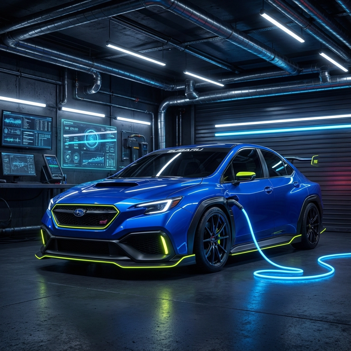 Futuristic electric Subaru STI concept in a high-tech garage