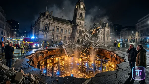 Ein Rathausgebäude, das in einem Erdloch voller warmer, leuchtender Serverracks und Kabel zusammenbricht