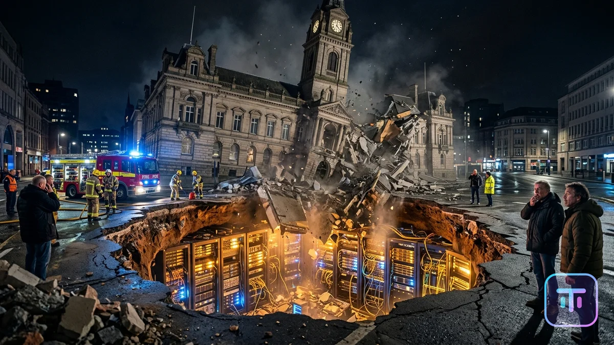 A city hall building crumbling into a sinkhole filled with warm glowing server racks and cables
