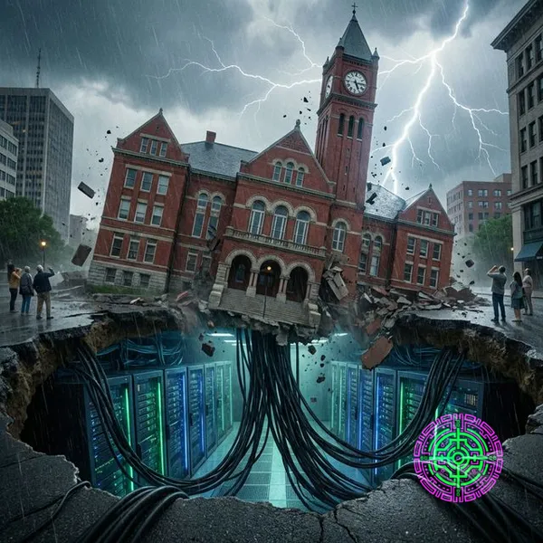 A city hall building crumbling into a sinkhole filled with warm glowing server racks and cables