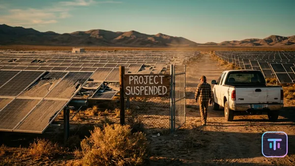 An abandoned solar farm in the Nevada desert at sunset with a 'Project Suspended' sign