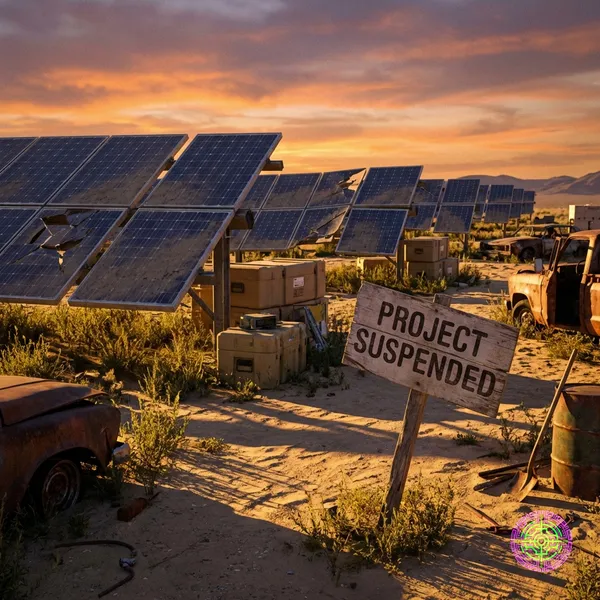An abandoned solar farm in the Nevada desert at sunset with a 'Project Suspended' sign