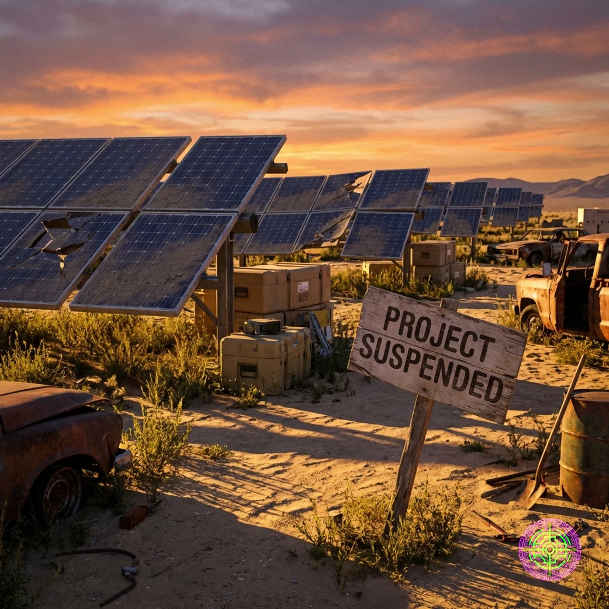 An abandoned solar farm in the Nevada desert at sunset with a 'Project Suspended' sign
