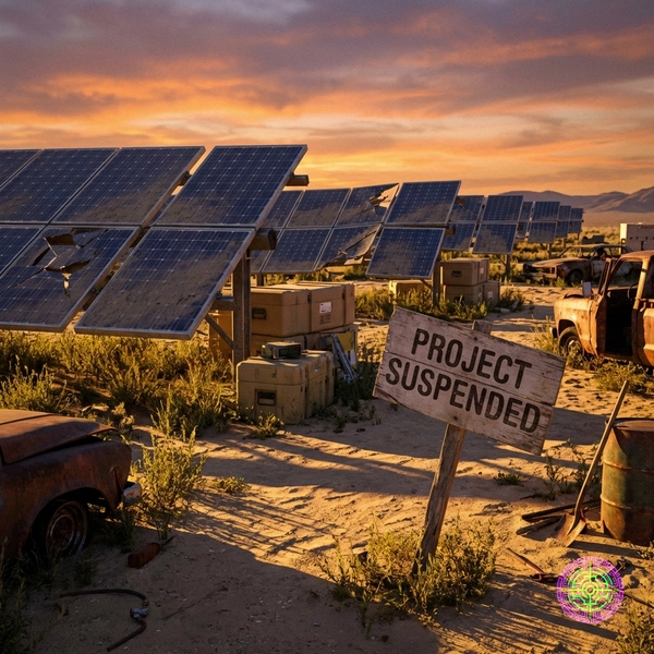 An abandoned solar farm in the Nevada desert at sunset with a 'Project Suspended' sign