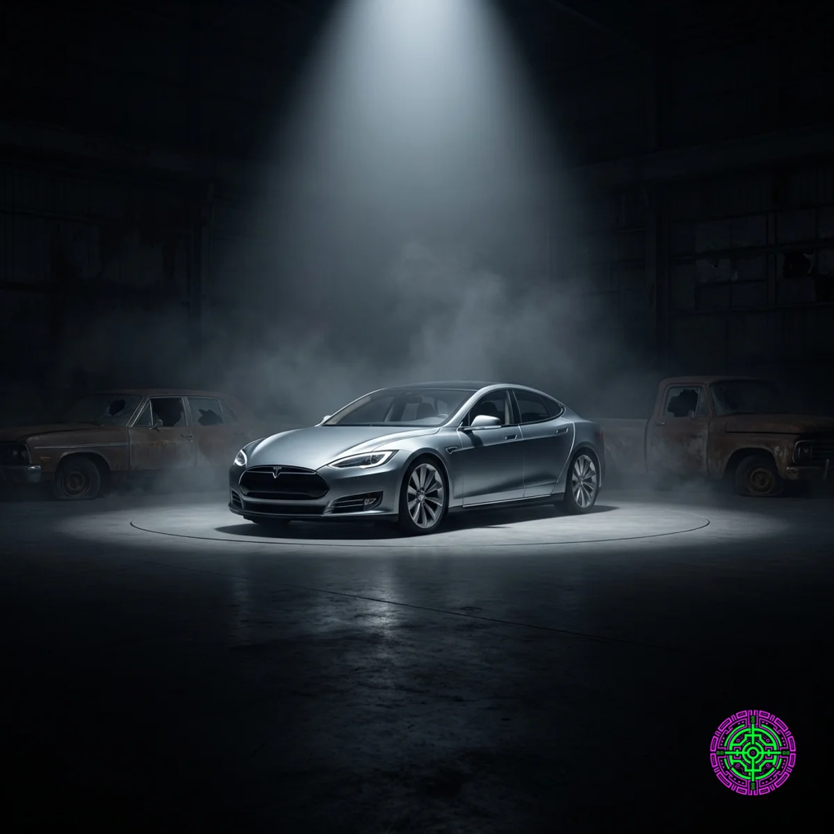 A futuristic Tesla gleaming in a spotlight while silhouettes of older cars fade into the shadows