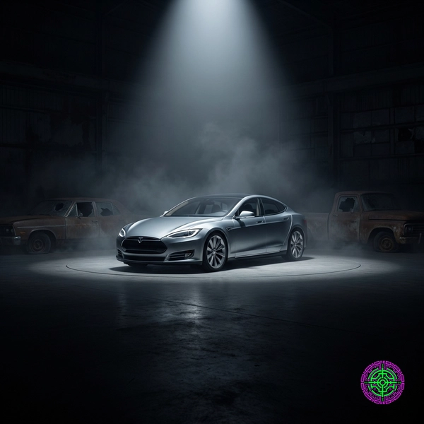 A futuristic Tesla gleaming in a spotlight while silhouettes of older cars fade into the shadows