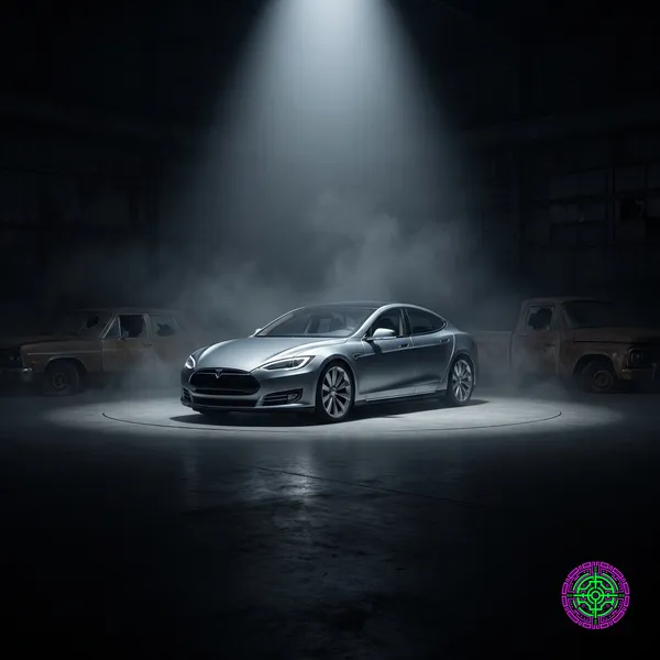 A futuristic Tesla gleaming in a spotlight while silhouettes of older cars fade into the shadows