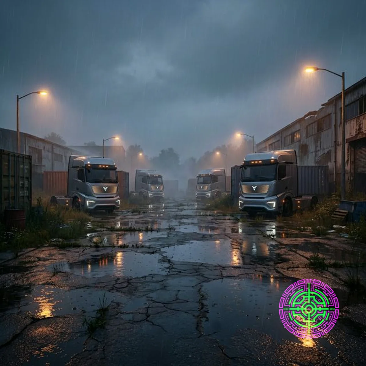 Uma frota de semirreboques modernos estacionados em um pátio de logística abandonado e chuvoso ao entardecer.