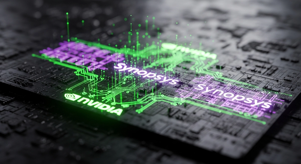 Oblea de chip de silicio futurista con flujos de datos brillantes, fusionando la estética verde de Nvidia y púrpura de Synopsys