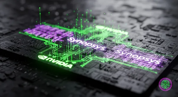 Futuristic silicon chip wafer with glowing data streams, merging Nvidia green and Synopsys purple aesthetics