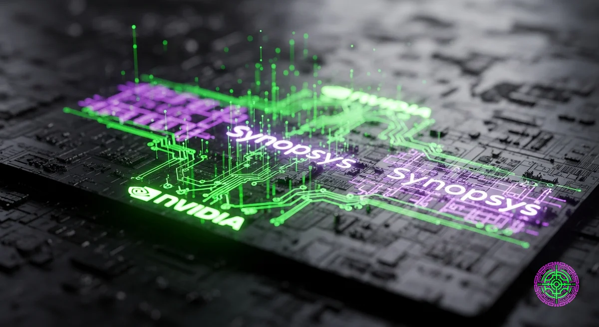 Futuristic silicon chip wafer with glowing data streams, merging Nvidia green and Synopsys purple aesthetics