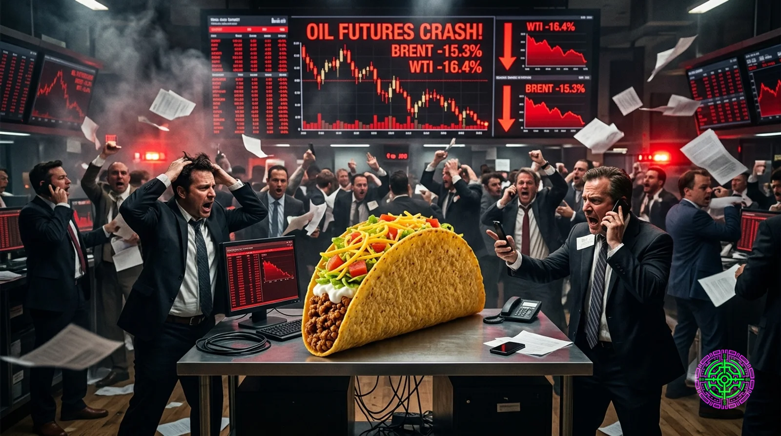 A giant crunchy beef taco sitting on a Wall Street trading floor surrounded by panicked traders in suits, red emergency lights flashing, oil futures screens crashing in the background, papers flying, the taco perfectly composed while everything around it is chaos, darkly comedic editorial photography