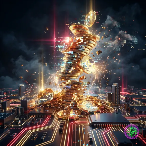 A tower of golden coins collapsing onto a circuit board city