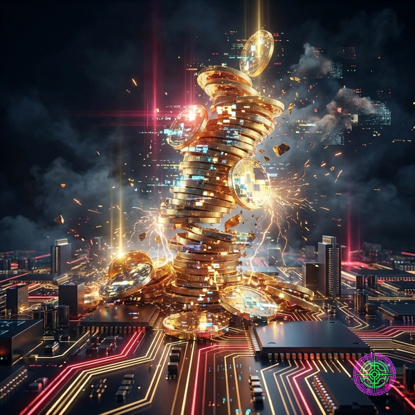 A tower of golden coins collapsing onto a circuit board city