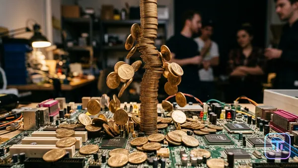 Ein Turm aus goldenen Münzen, der auf eine Stadt aus Leiterplatten stürzt