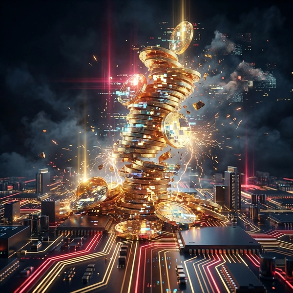 A tower of golden coins collapsing onto a circuit board city