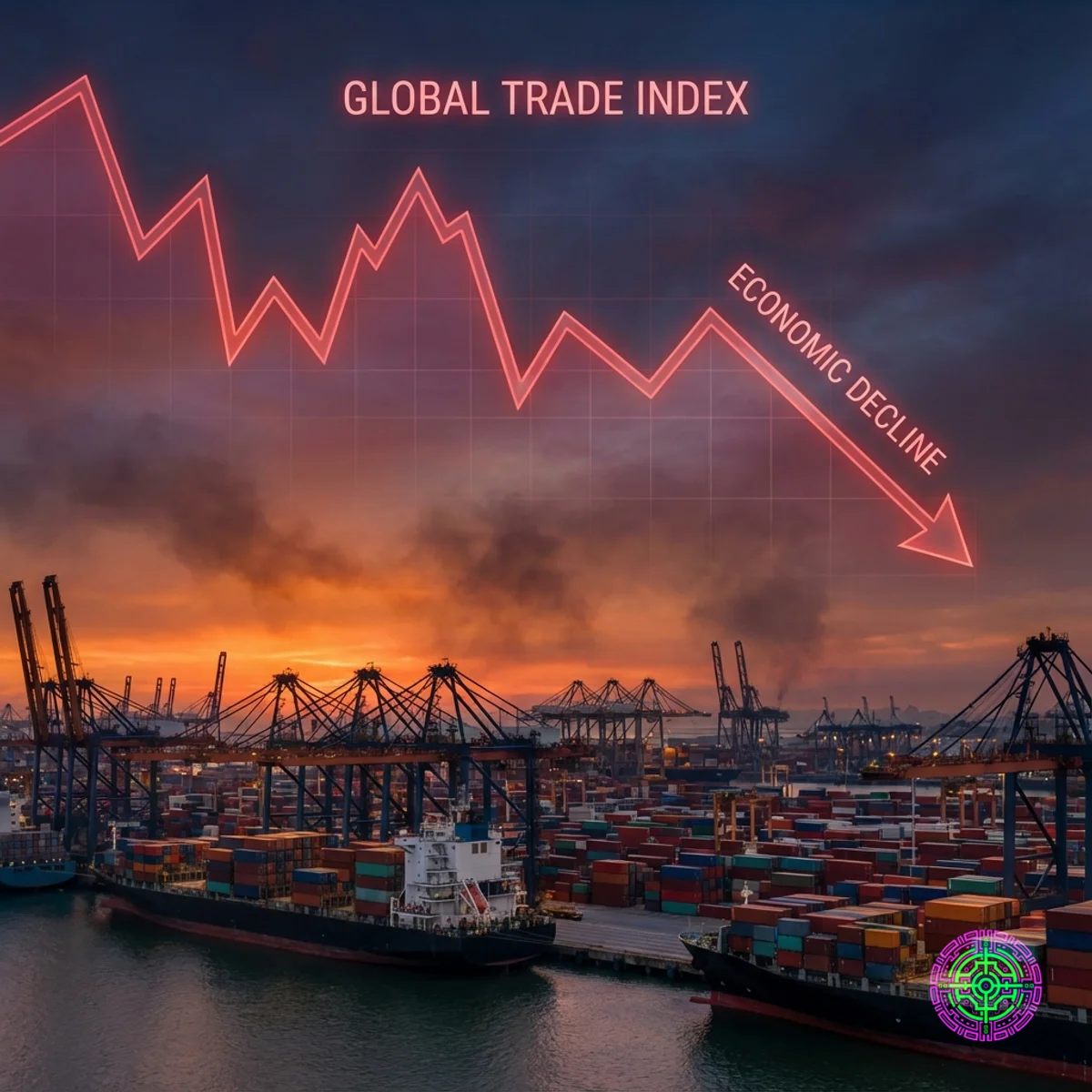 Um gráfico de linhas vermelhas brilhantes caindo sobre um movimentado porto de contêineres ao pôr do sol.