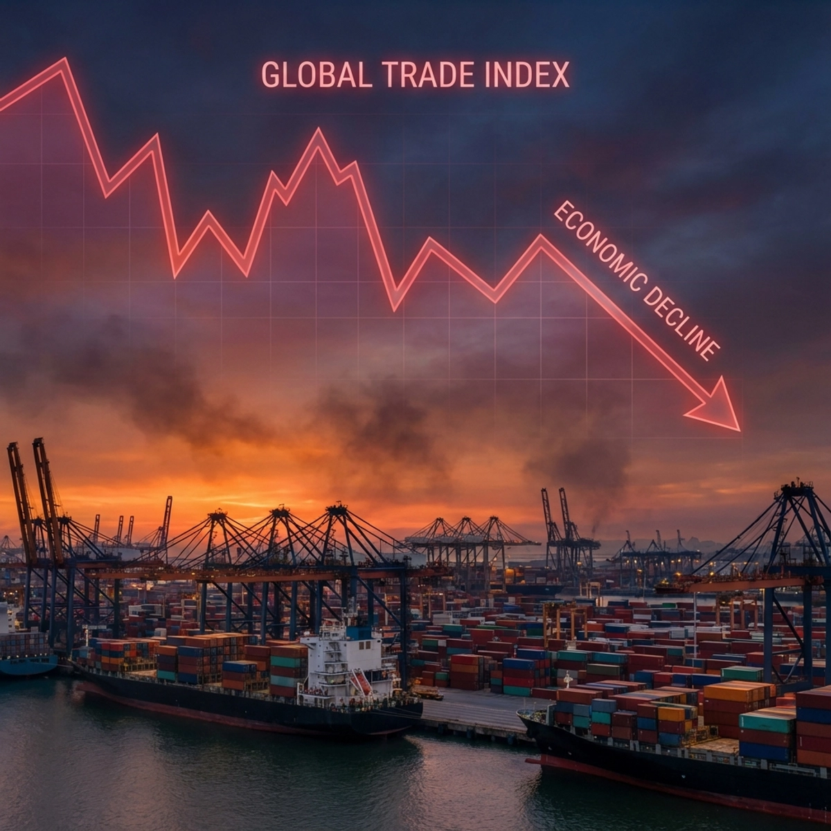 A glowing red line chart crashing downwards over a busy shipping container port at sunset.