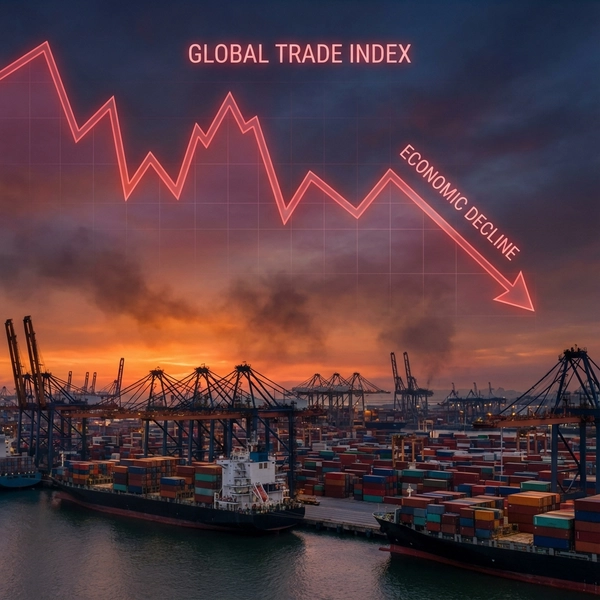 A glowing red line chart crashing downwards over a busy shipping container port at sunset.