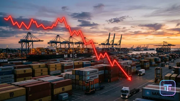 Eine leuchtend rote Liniengrafik, die bei Sonnenuntergang über einem geschäftigen Containerhafen abstürzt.