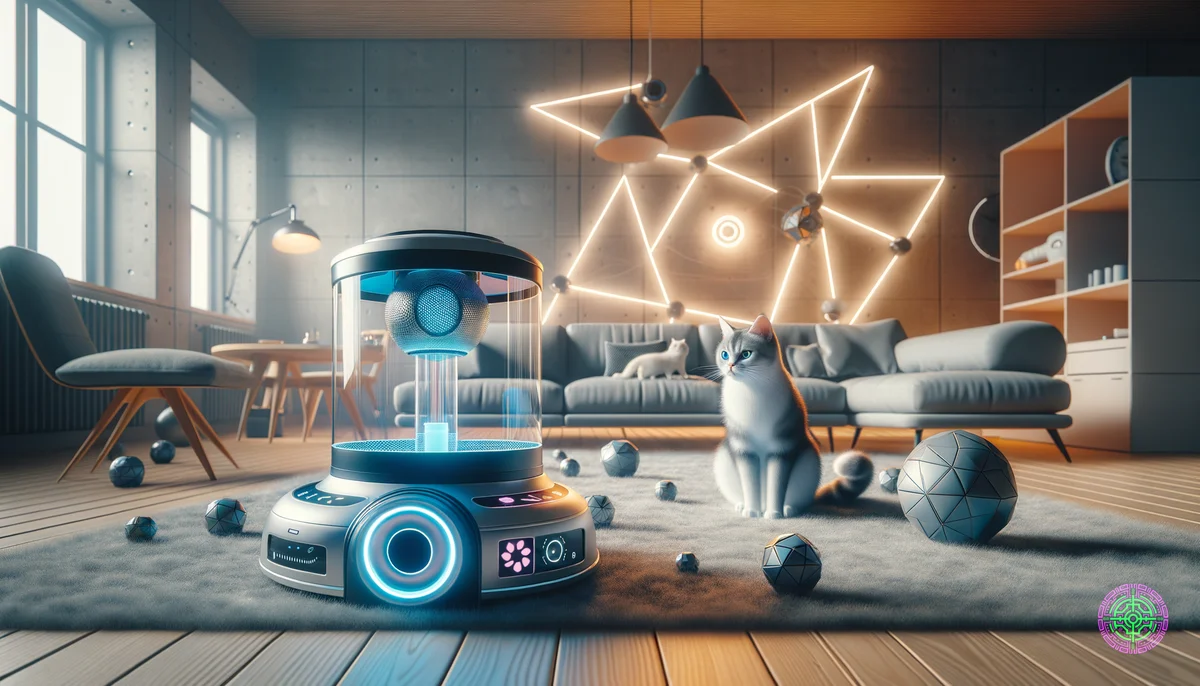 Jouets et distributeur de nourriture high-tech pour chats dans un cadre de maison moderne et confortable