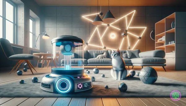 High-tech cat toys and feeder in a cozy modern home setting