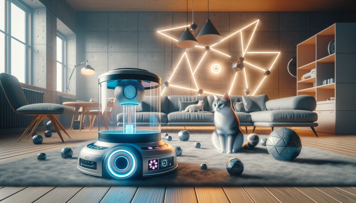 High-tech cat toys and feeder in a cozy modern home setting