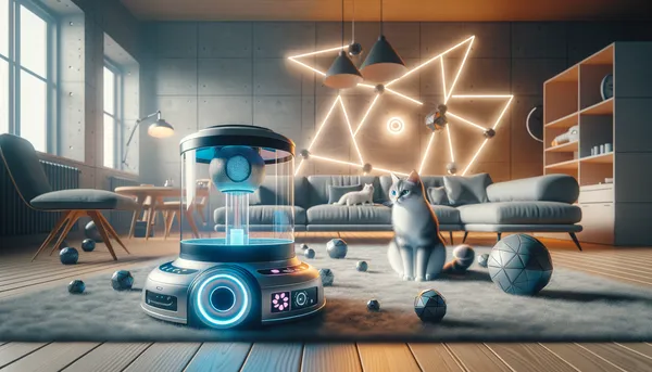 High-tech cat toys and feeder in a cozy modern home setting