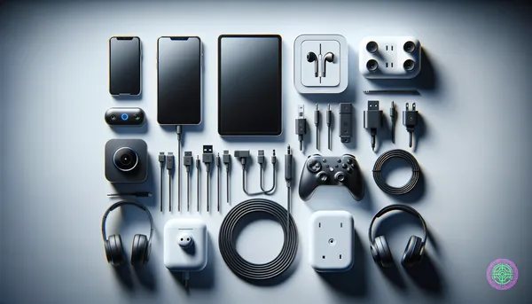 Sammlung erschwinglicher technischer Geräte, ordentlich angeordnet mit sauberer, minimalistischer Ästhetik