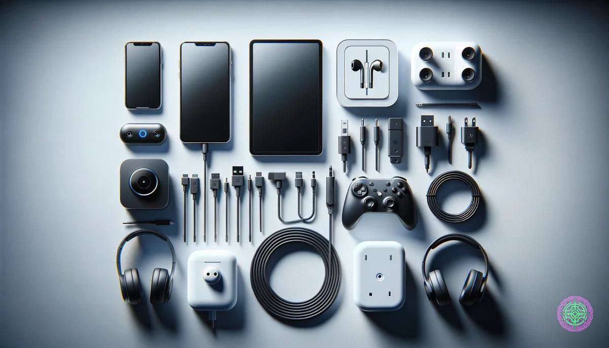 Coleção de gadgets tecnológicos acessíveis dispostos de forma organizada com estética minimalista e limpa