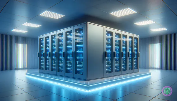 Modern data center server room with clean minimal aesthetic