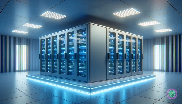 Modern data center server room with clean minimal aesthetic