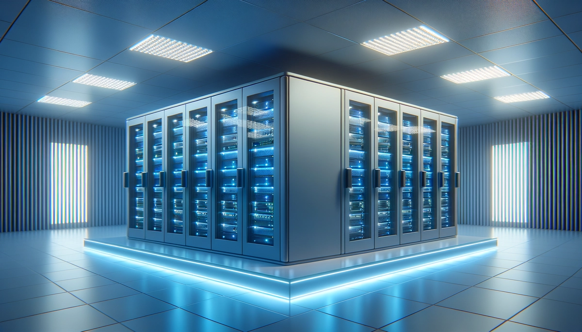Modern data center server room with clean minimal aesthetic