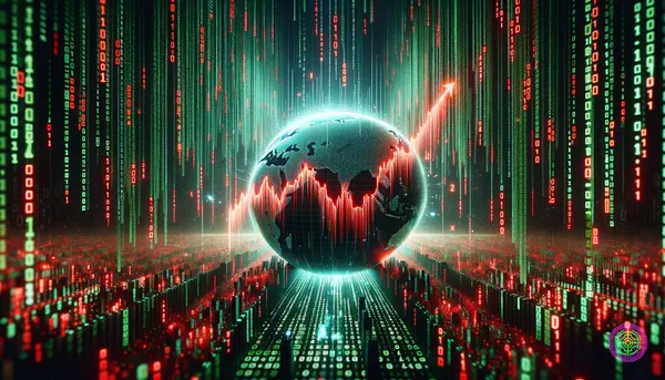 A stock market graph crashing down with binary code raining in the background.